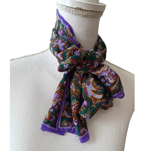 Vintage Honey Silk Chiffon Classic Print rectangular Neck Scarf Green Purple - Picture 1 of 6
